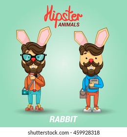 Two rabbit hipster. animals hipster students with a book and a cup of coffee