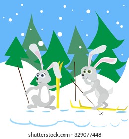 Two Rabbit Ski Winter Snow Forest Vector Illustration