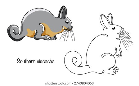 Two rabbit-like rodents with a long, fluffy tail, large hind legs, and short front legs. A brown animal with brown fur and long, sensitive whiskers. Isolated vector. Southern viscacha.