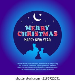 Two rabbits against a blue sky with stars and the moon. Card Merry Christmas and Happy New Year 