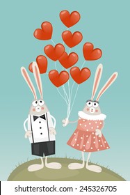 two rabbits with balloons in the shape of a heart - illustration