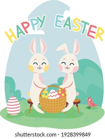 Two rabbits with basket. Flat design illustration. Vector