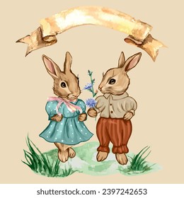 Two rabbits, a boy rabbit and a girl rabbit on the lawn. Vector illustration for the holiday. Design element for greeting cards, invitations, banners.