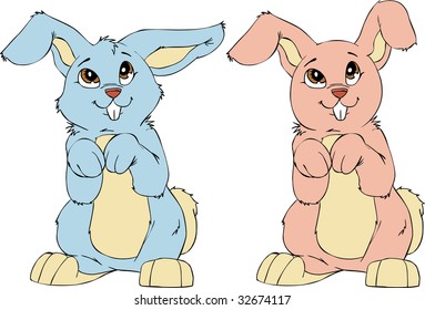 two rabbits (bunny) blue and pink sit on hinder legs and look upwards