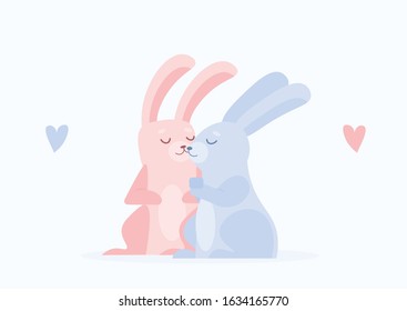 Two rabbits (bunnys) holding hands. Love flat vector postcard