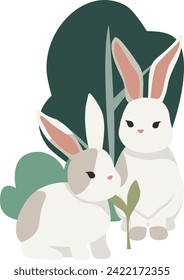 two Rabbits and bushes and grasses on transparent background, isolated elements vector