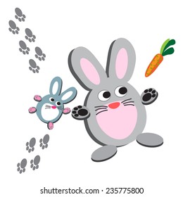 Two rabbits with carrot vector illustration. Cute cartoon animal. Funny characters. Farm animal. Animal silhouettes. Pet animals. On white. Eps 10. Design elements, clip art.