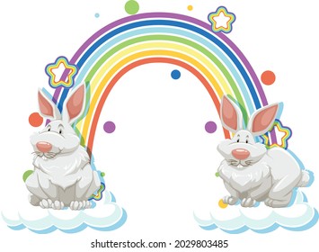 Two rabbits cartoon character with rainbow illustration