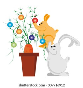 Two rabbits decorate a large Christmas tree carrot