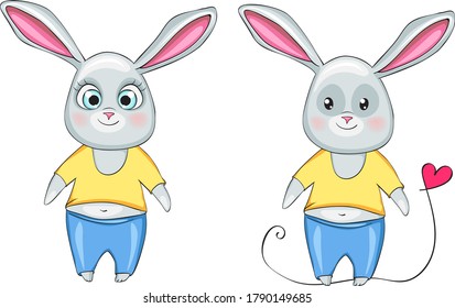 two rabbits in different styles isolated on white background. vector illustration