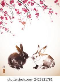 Two rabbits and dsakura blossom. Traditional oriental ink painting sumi-e, u-sin, go-hua. Translation of hieroglyph - joy