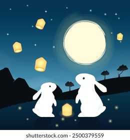 Two rabbits enjoying the moonlight. Mid-Autumn theme