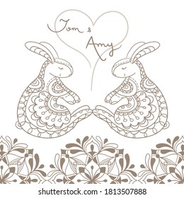 Two rabbits face to face with flower mandala. Hand drawn background. Vector illustration.Wedding card.