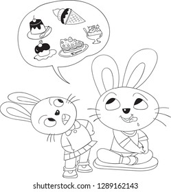 The two rabbits and favorite sweets.Hand drawn vector illustration. For coloring, clip arts, preschool coloring and playing games,background,children books illustration,decoration,cartoon illustration