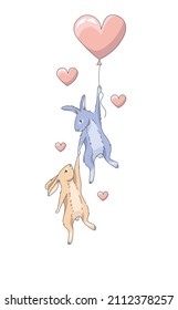 Two rabbits flying on a heart shaped ballooon.