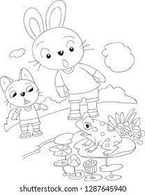 The two rabbits and the frog.Hand drawn vector doodle illustration. For coloring pattern,preschool coloring and playing games,background, clip arts,children books illustration,picture books .