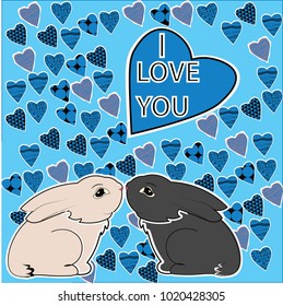 Two rabbits. Greeting card. Greeting card with rabbit. Lovers of rabbits. Loving bunnies. Cute Easter bunnies. 

Vector. Flat. 