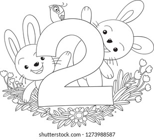 The two rabbits. Hand drawn doodle vector illustration. For counting teaching for kids,coloring pattern, decoration.clip arts,background,character design.