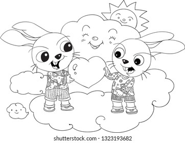 The two rabbits and happy heart.Hand drawn vector illustration.For animals coloring,preschool coloring,background, pattern,character design,cartoon animals coloring,decoration,clip arts.