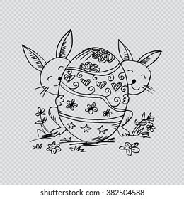 Two rabbits hiding behind Easter egg. Sketchy style illustration.