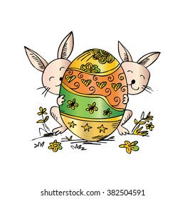 Two rabbits hiding behind Easter egg. Sketchy style illustration.