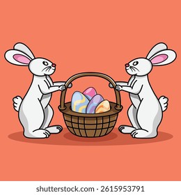 Two rabbits hold a basket of eggs