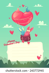 Two rabbits in a hot air balloon. Valentine's Day Card. Vector illustration. Eps 10