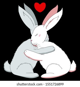 Two rabbits hug each other with their paws. Bunnies with ears raised and with a heart. Gentle hugs.