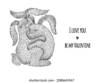 Two rabbits hug each other with their paws. A gentle hug. Postcard, poster for Valentine's Day.