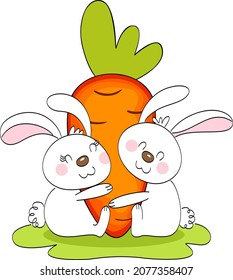 Two rabbits hugging a big carrot

