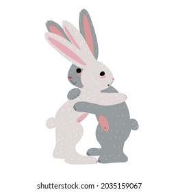 Two rabbits hugging. Hugs of rabbits. Gray and white rabbit.
