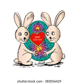 Two rabbits hugging a large Easter egg.