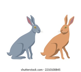 Two rabbits icon. Grey and brown bunnies sitting. Graphic element for printing on fabric. Toy or mascot for children. Symbol of speed, biology and fauna, wild life. Cartoon flat vector illustration