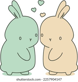 two rabbits kiss, hearts around