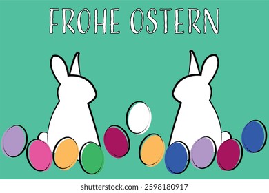 Two rabbits look at each other and are framed by Easter eggs. Accompanied by the wish ‘Happy Easter’ in German.