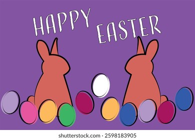 Two rabbits look at each other and are framed by Easter eggs. Accompanied by the wish ‘Happy Easter’.