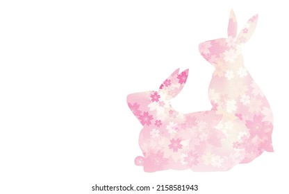 Two rabbits looking up, cherry blossoms and Japanese silhouettes.