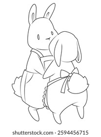 Two rabbits in love. Rabbits holding hands. White rabbit in an apron. Rabbit in overalls. Cartoon character. Outline. Coloring. Hand drawing. Easter illustration.