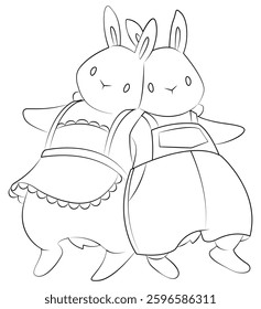 Two rabbits in love. Rabbits holding hands. White rabbit in an apron. Rabbit in overalls. Cartoon character. Outline. Coloring. Hand drawing. Easter illustration.