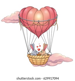 Two rabbits in love on a heart-shaped balloon vector illustration. Isolated on white. For t-shirt, graphic and web design. Greeting cards, invitations and covers. Valentine design