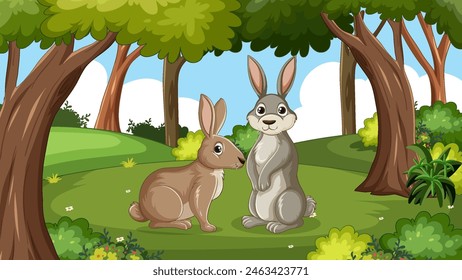 Two rabbits in a lush forest