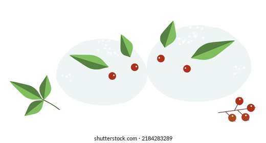 Two rabbits made from snow, nanten berries and leaves