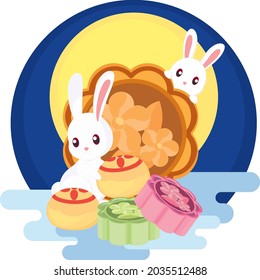 Two Rabbits with Moon Cake and Chinese Pastry