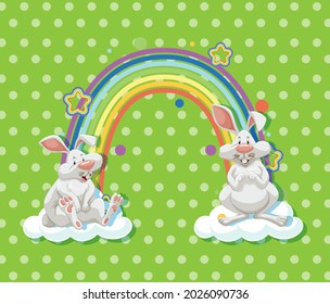 Two rabbits on the cloud with rainbow on green polka dot background illustration