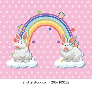 Two rabbits on the cloud with rainbow on pink polka dot background illustration