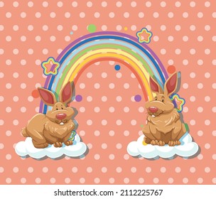 Dos conejos en la nube con arco iris en la ilustración de fondo de punto polka