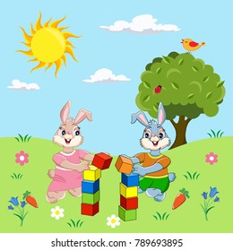 two rabbits on the lawn, the grass is green and the sky