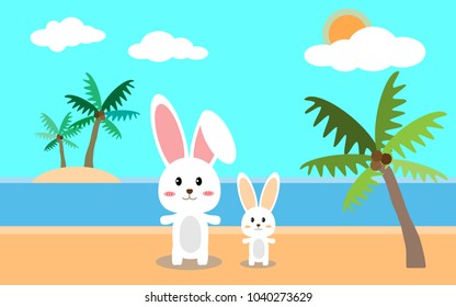two rabbits on summer beach, flat design, vector illustration