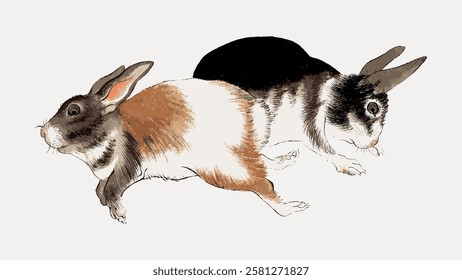 Two rabbits, one brown and white, the other black and white, depicted in a vintage illustration style. Rabbits are shown in a playful, natural pose. Vintage farm animal illustration isolated vector.