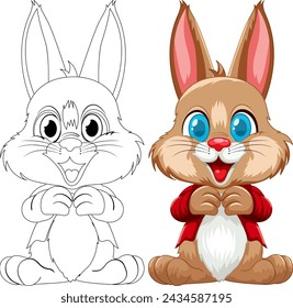 Two rabbits, one sketched and one colored, smiling.